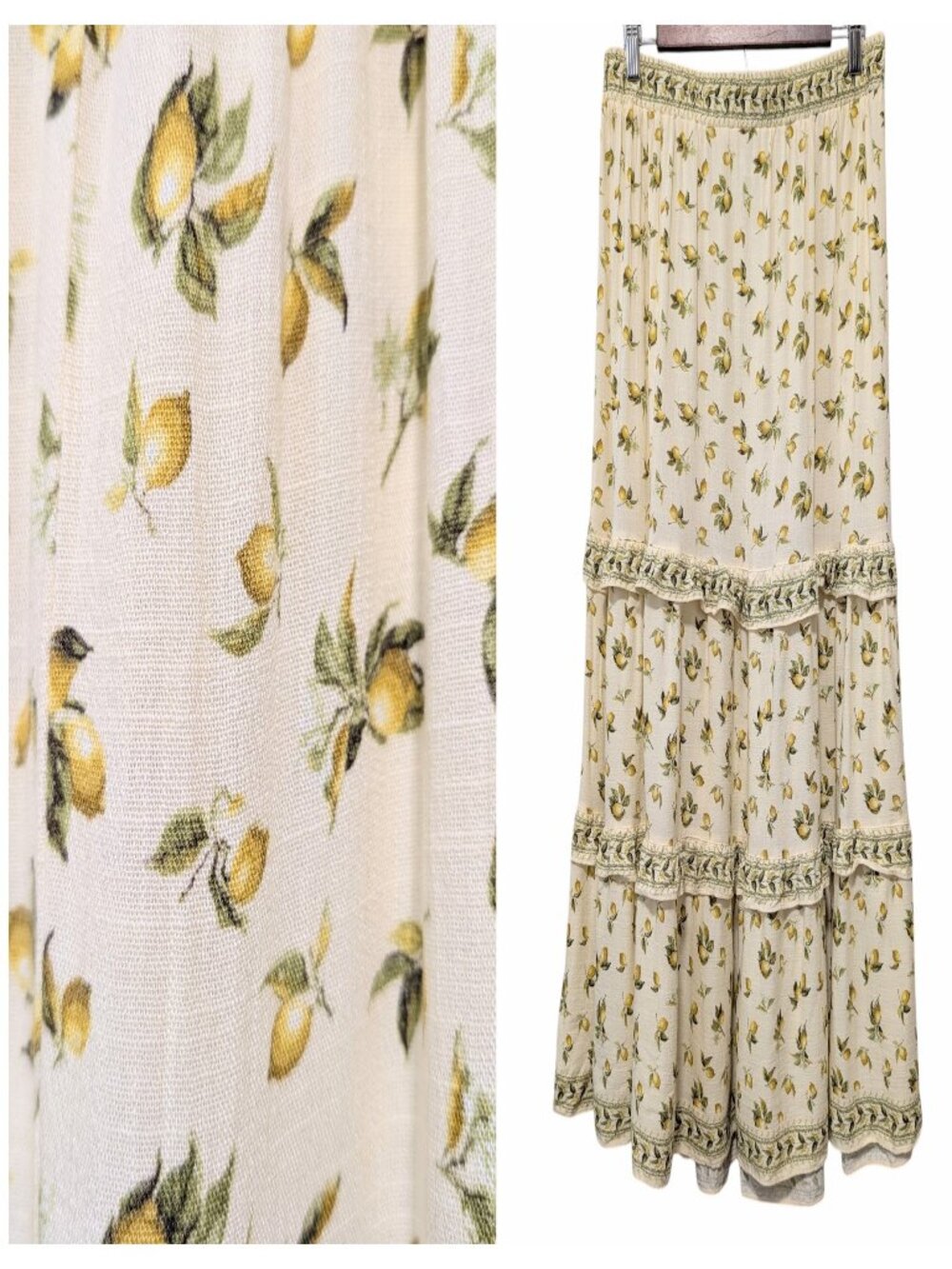 Max Studio London Womens Sz XL Lemon Print Tiered Ruffle Cottagecore Midi Skirt